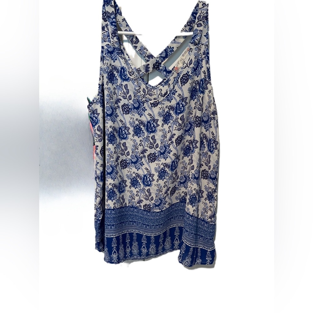 Pink Rose Blue and White Floral Tank Top